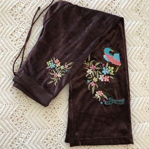NWT BCBGMAXAZRIA Chocolate Brown Velour Embroidered Peacock Pants Size S/P